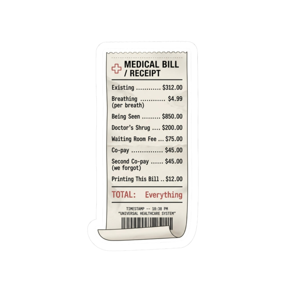 Medical Bill Receipt Sticker | political satire, absurdist America, dark humor